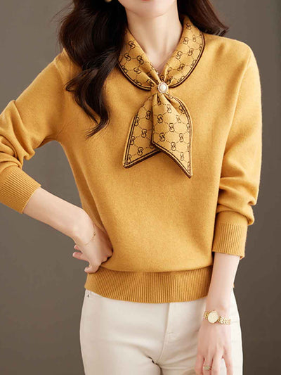 Andrea Loose Bow Scarf Collar Knitted Top