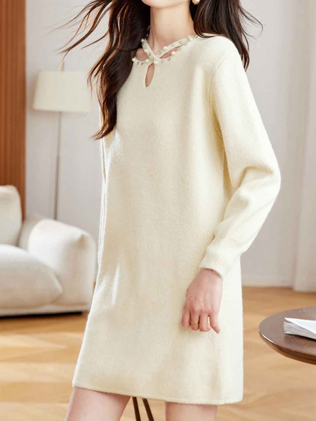 Hannah Elegant Crew Neck Beaded Knitted Sweater Dress