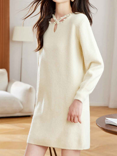 Hannah Elegant Crew Neck Beaded Knitted Sweater Dress