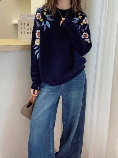 Andrea Casual Crew Neck Flower Embroidered Knitted Sweater