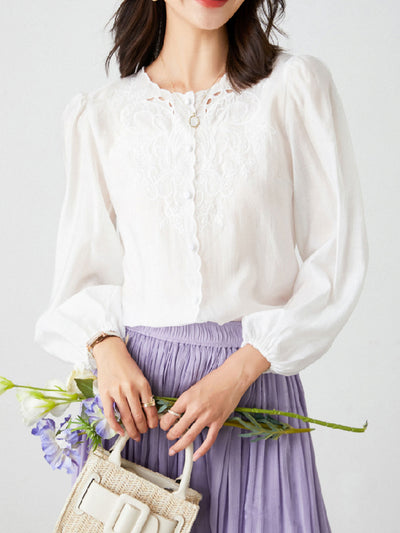 Jocelyn Elegant Embroidered Lantern Sleeve Shirt-White