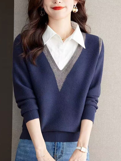 Ava Casual Contrast Color Shirt Collar Knitted Sweater