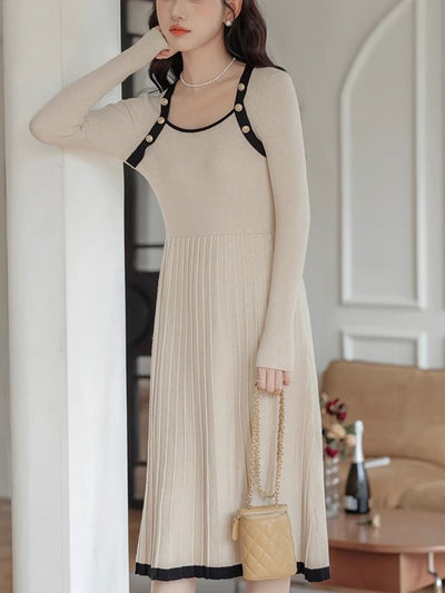 Natalie Contrasting Color Pleated Knitted Sweater Dress