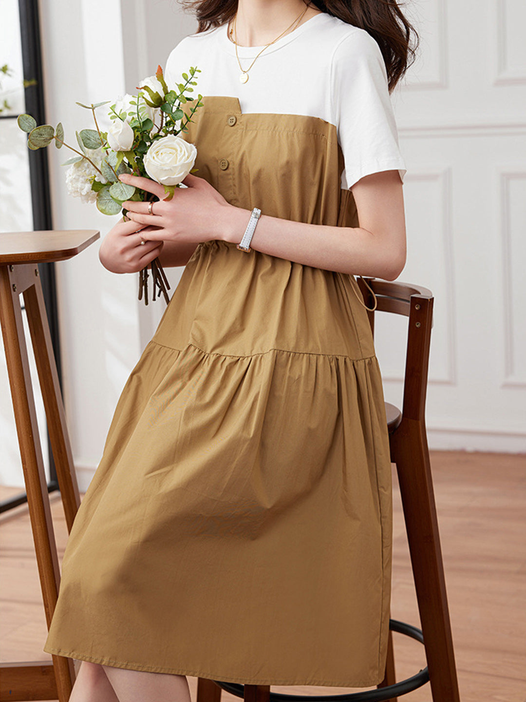 Audrey Elegant Color Block Irregular Dress-Khaki