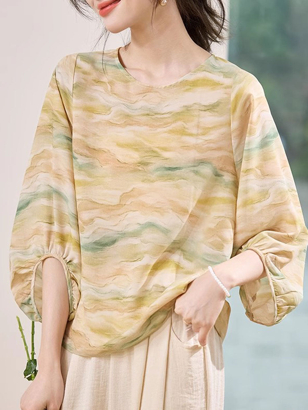 Rachel Loose Crew Neck Lantern Sleeve Chiffon Top