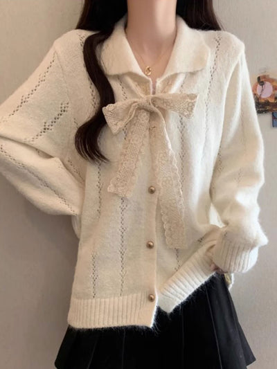 Brianna Retro Lapel Hollowed Lace Knitted Cardigan