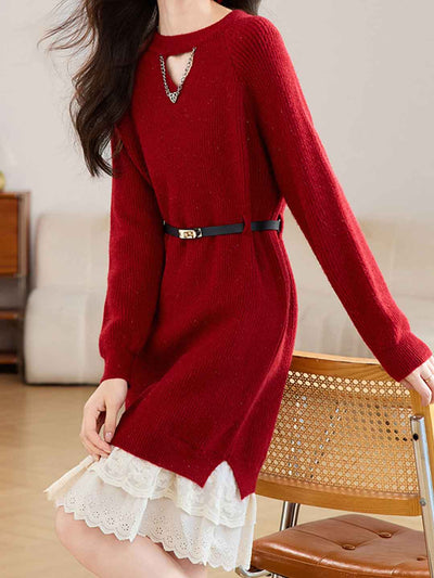 Kaylee Daily Crew Neck Patchwork Lace Knitted Dress