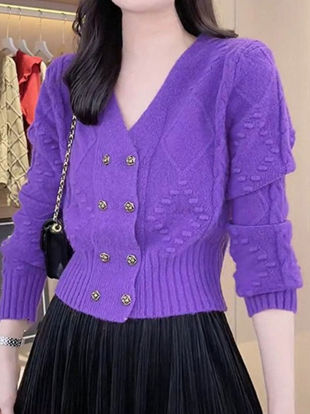 Mia Classic V-Neck Double-Breasted Knitted Cardigan