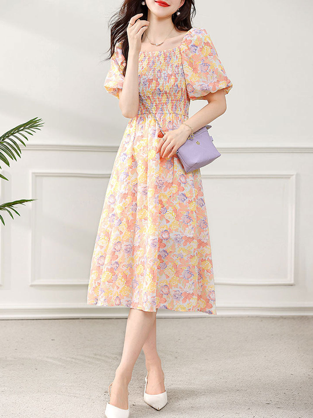 Sophia Retro Puff Sleeve Floral Dress-Green