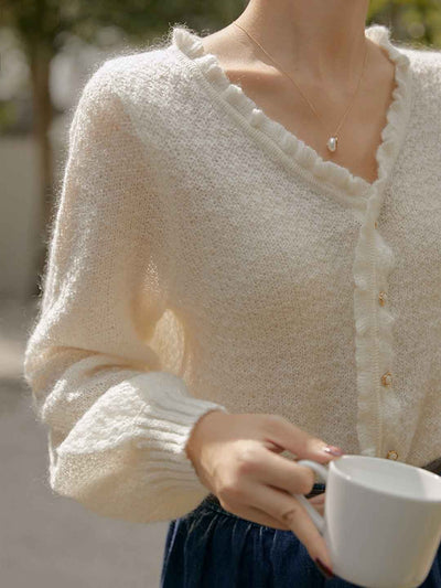 Grace Retro Auricular Collar Solid Color Knitted Cardigan