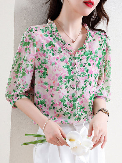 Mia Vacation V-Neck Ruffled Floral Chiffon Top-Red