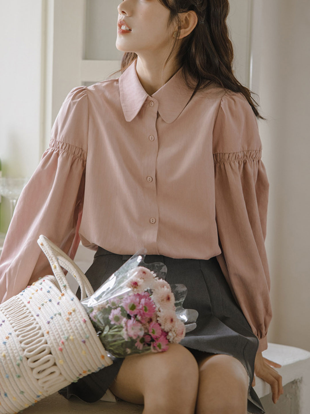 Claire Loose Solid Color Lapel Lantern Sleeve Shirt