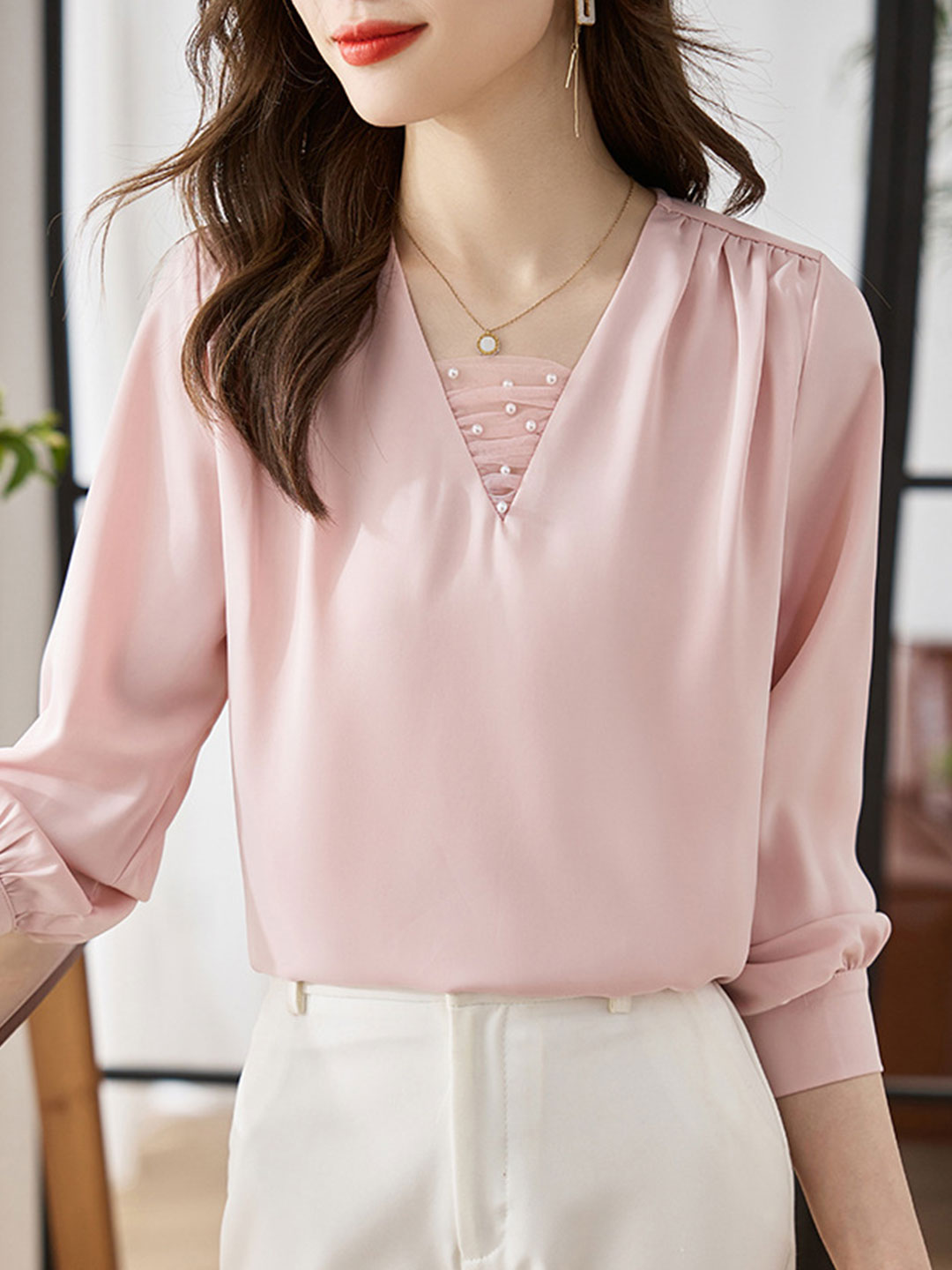 Brianna Classic V-neck Satin Shirt-Pink