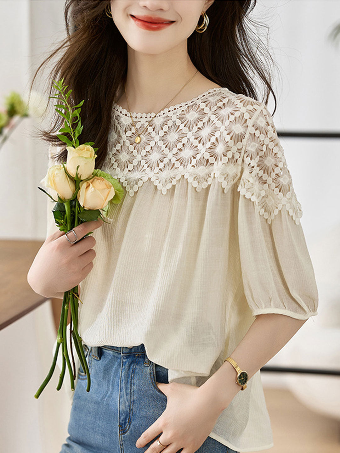 Sophie Loose Chiffon Lace Blouse-Apricot