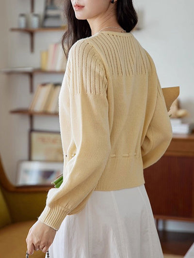 Peyton Retro Crew Neck Beaded Drawstring Knitted Cardigan