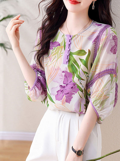 Grace Loose Crew Neck Buttoned Printed Chiffon Blouse