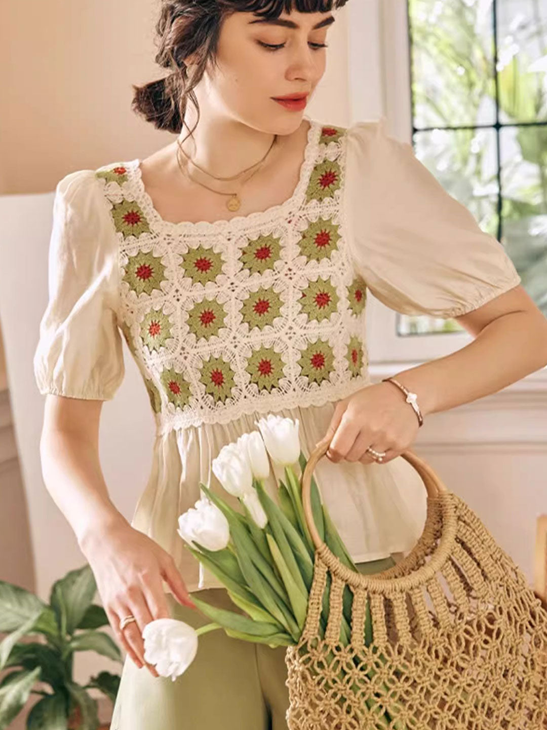 Olivia Retro Square Collar Crocheted Hollowed Chiffon Top