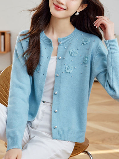 Aaliyah Classic Crew Neck Beaded Knitted Cardigan