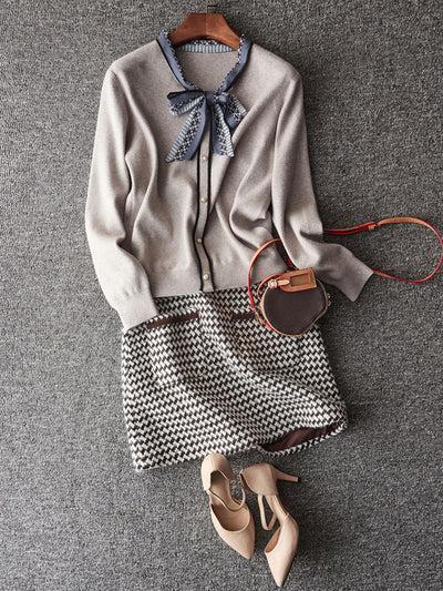 Alyssa Retro Scarf Collar Bow Tie Knitted Sweater-Gray