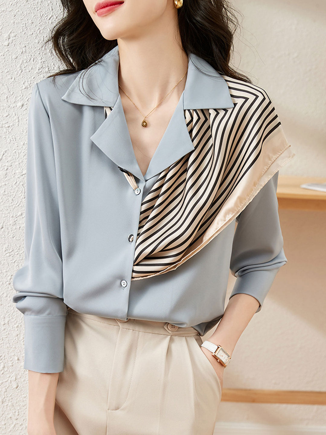 Lauren Classic Suit Collar Contrast Satin Shirt