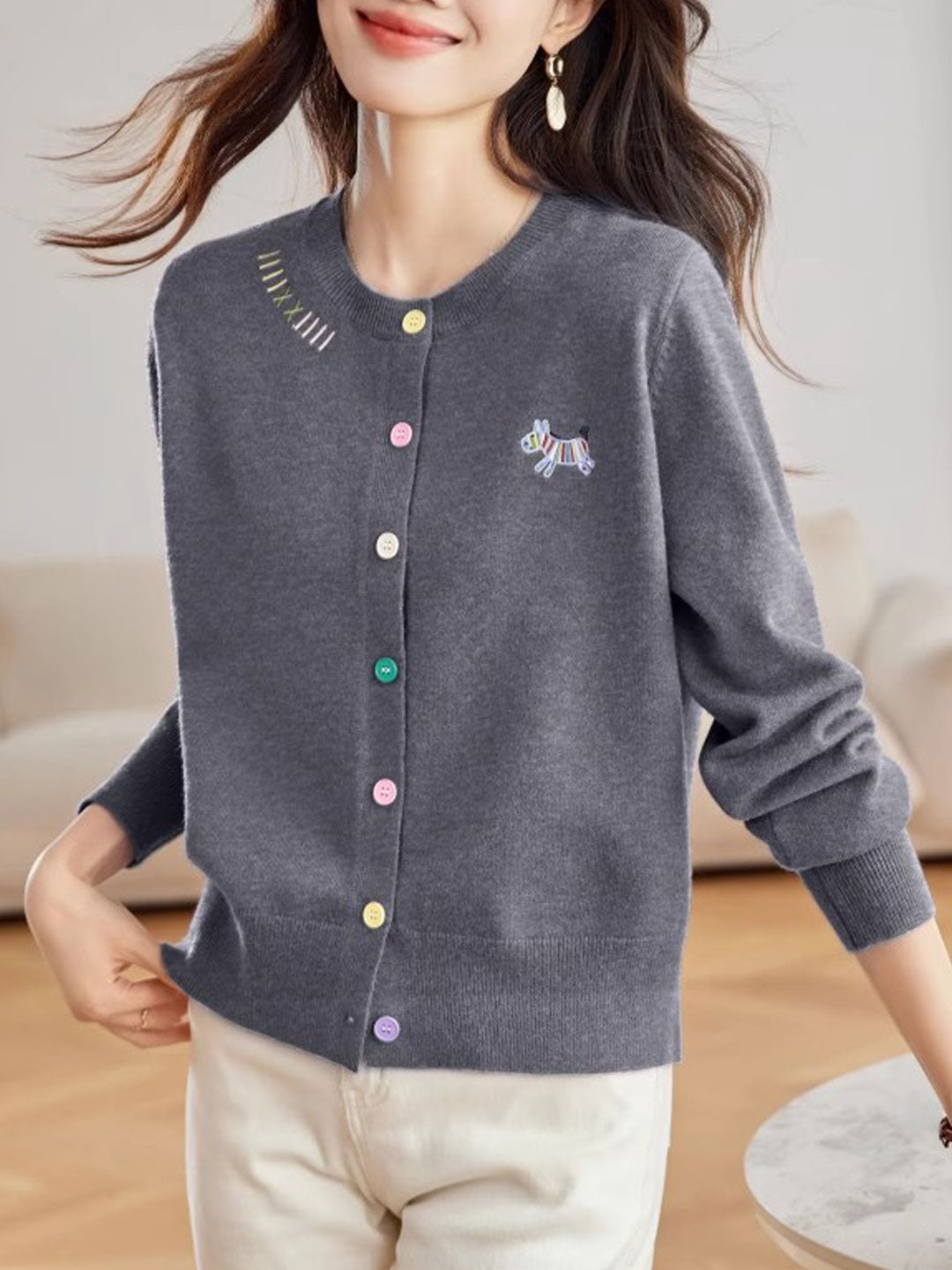 Camila Loose Embroidered Colorful Buttons Knitted Cardigan