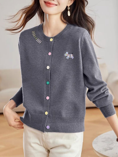 Camila Loose Embroidered Colorful Buttons Knitted Cardigan