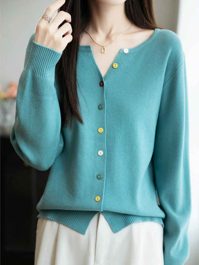 Andrea Classic Crew Neck Colorful Buttons Solid Color Knitted Cardigan