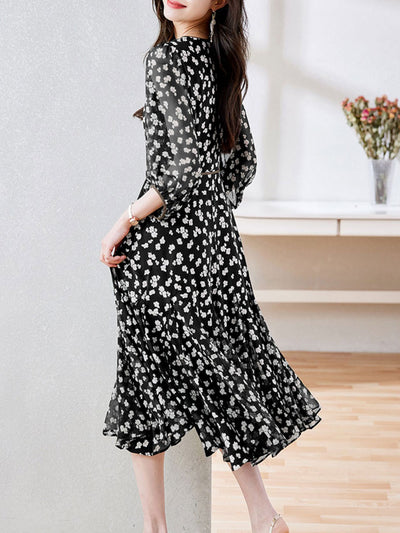 Molly Retro Floral Wrap Waisted Dress-Black Long