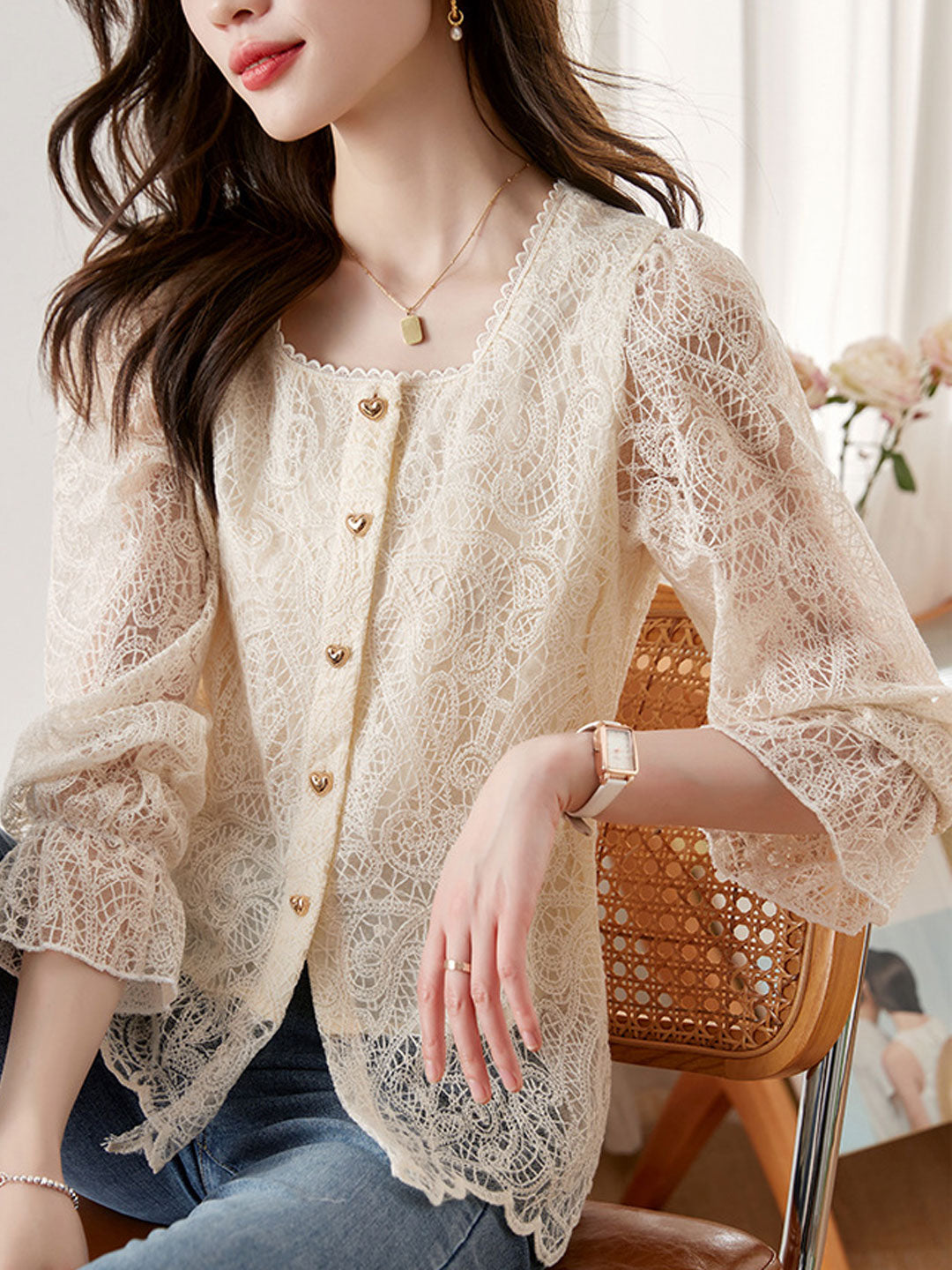 Sophia Retro Square Neck Lace Flare Sleeve Blouse