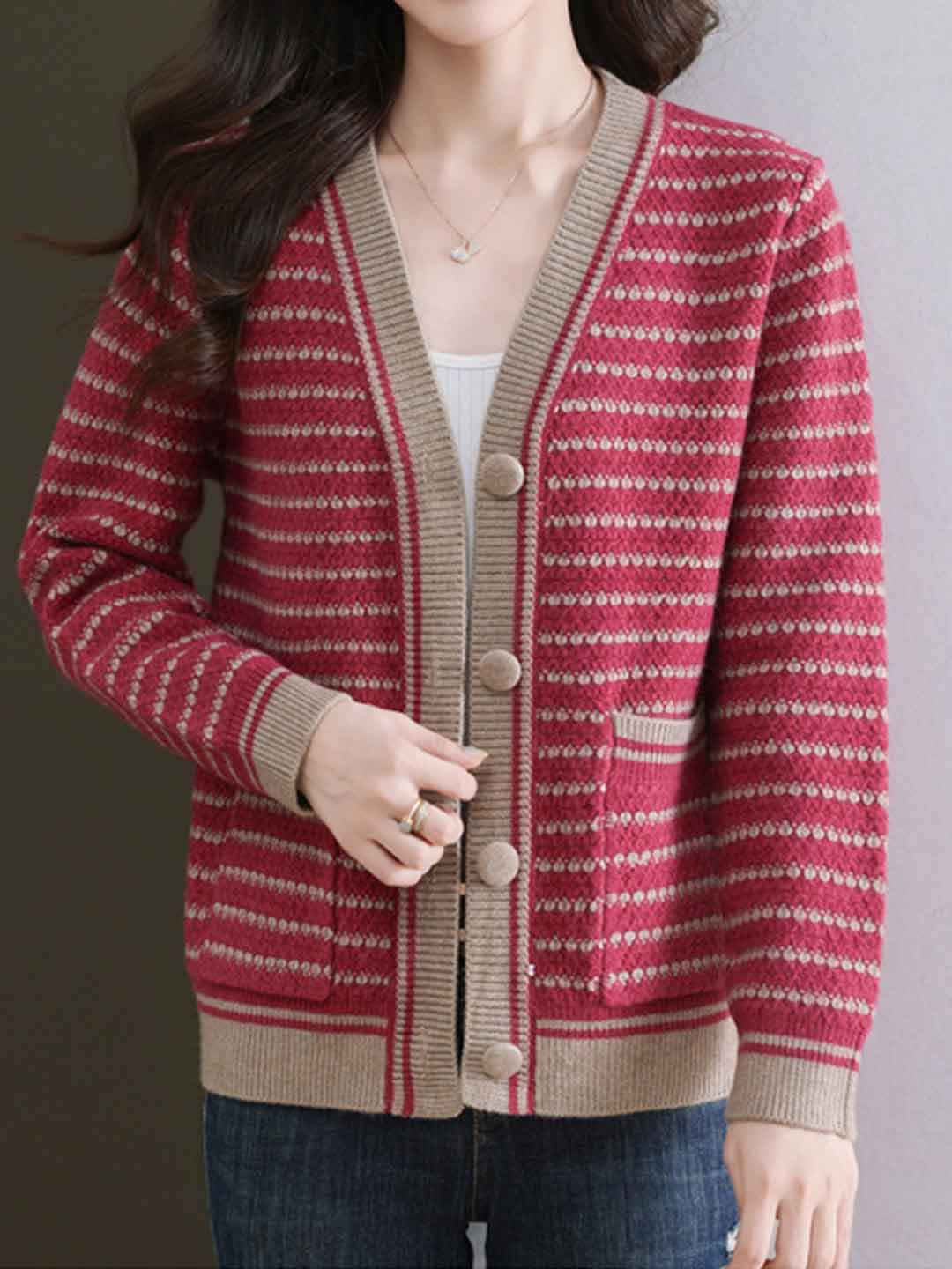 Aaliyah Casual Crew Neck Striped Knitted Cardigan