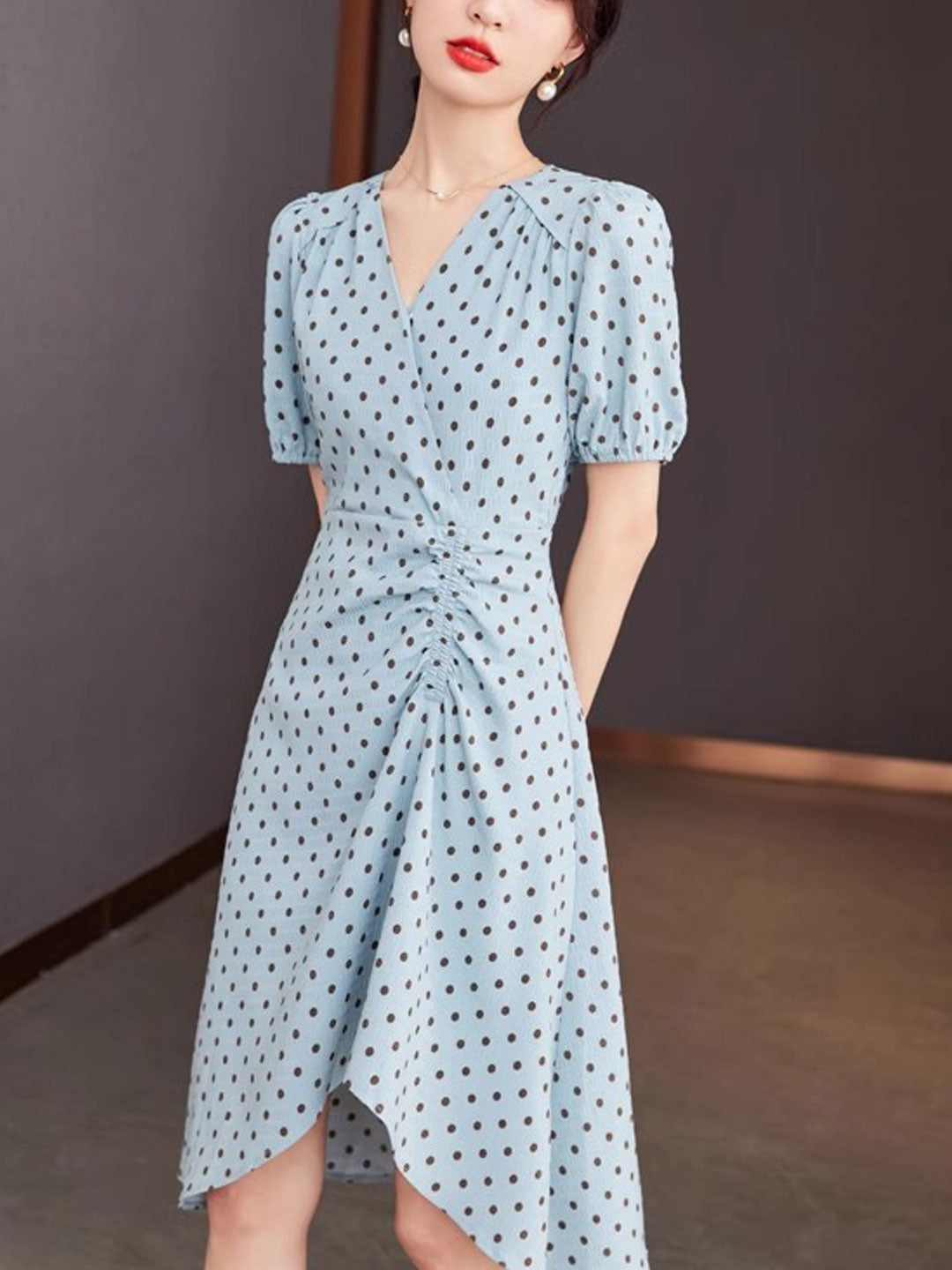 Chloe V-Neck Polka Dot Printed Irregular Dress