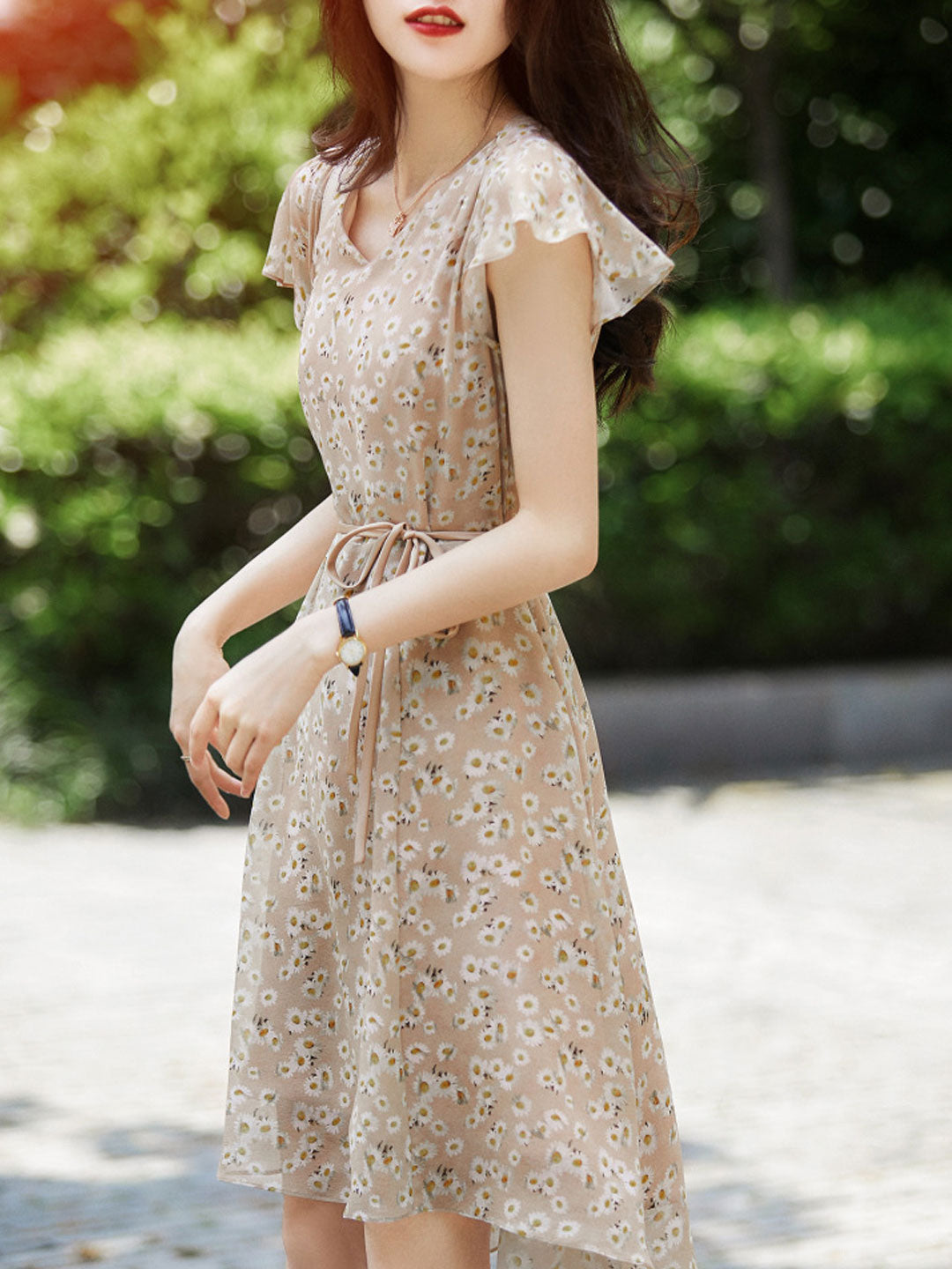 Hannah Classic V-neck Floral Printed Chiffon Dress