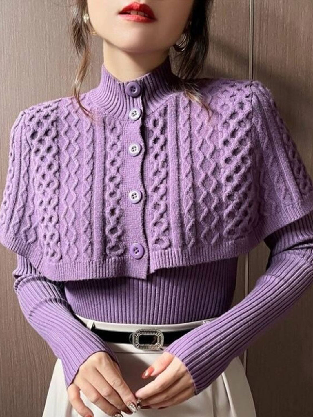 Sophia Classic Turtleneck Knitted Shawl Sweater Set