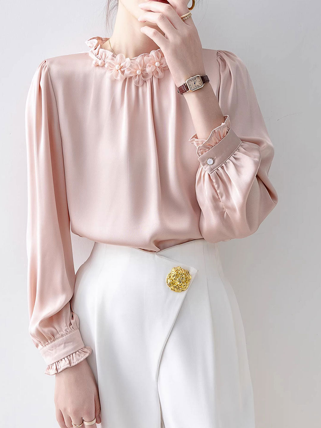 Jocelyn Classic Stand Collar Auricular Chiffon Top