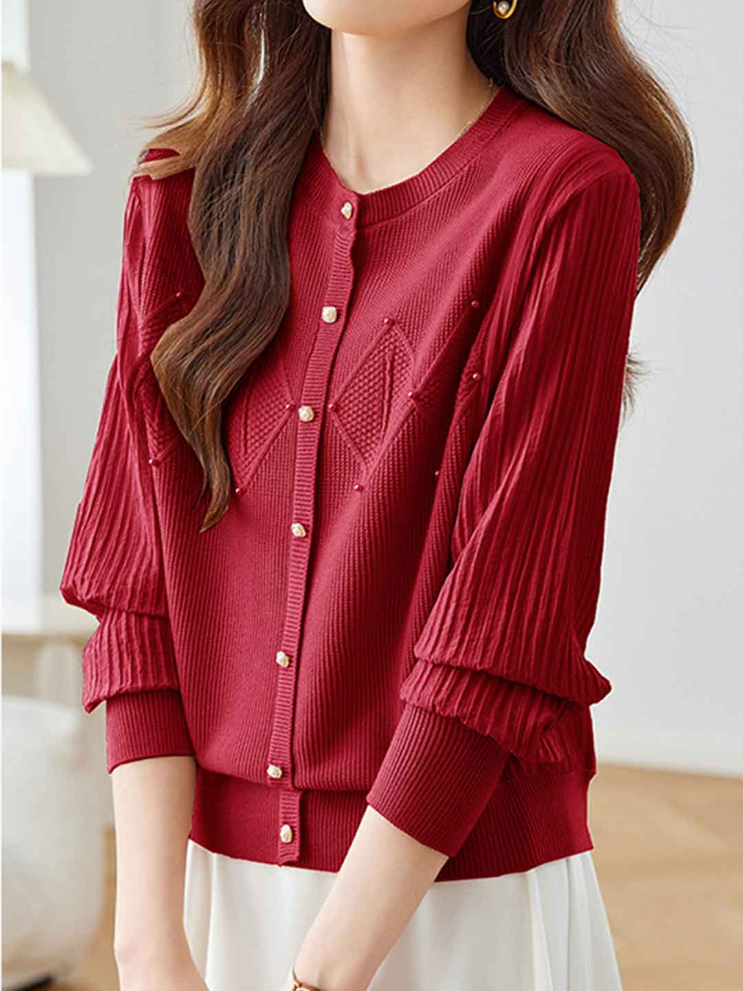 Maya Classic Crew Neck Patchwork Knitted Cardigan