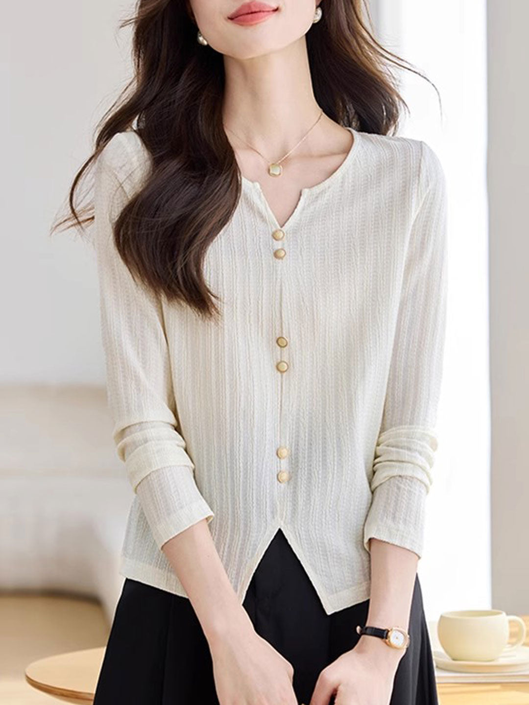 Mariah Elegant Crew Neck Textured Button Top