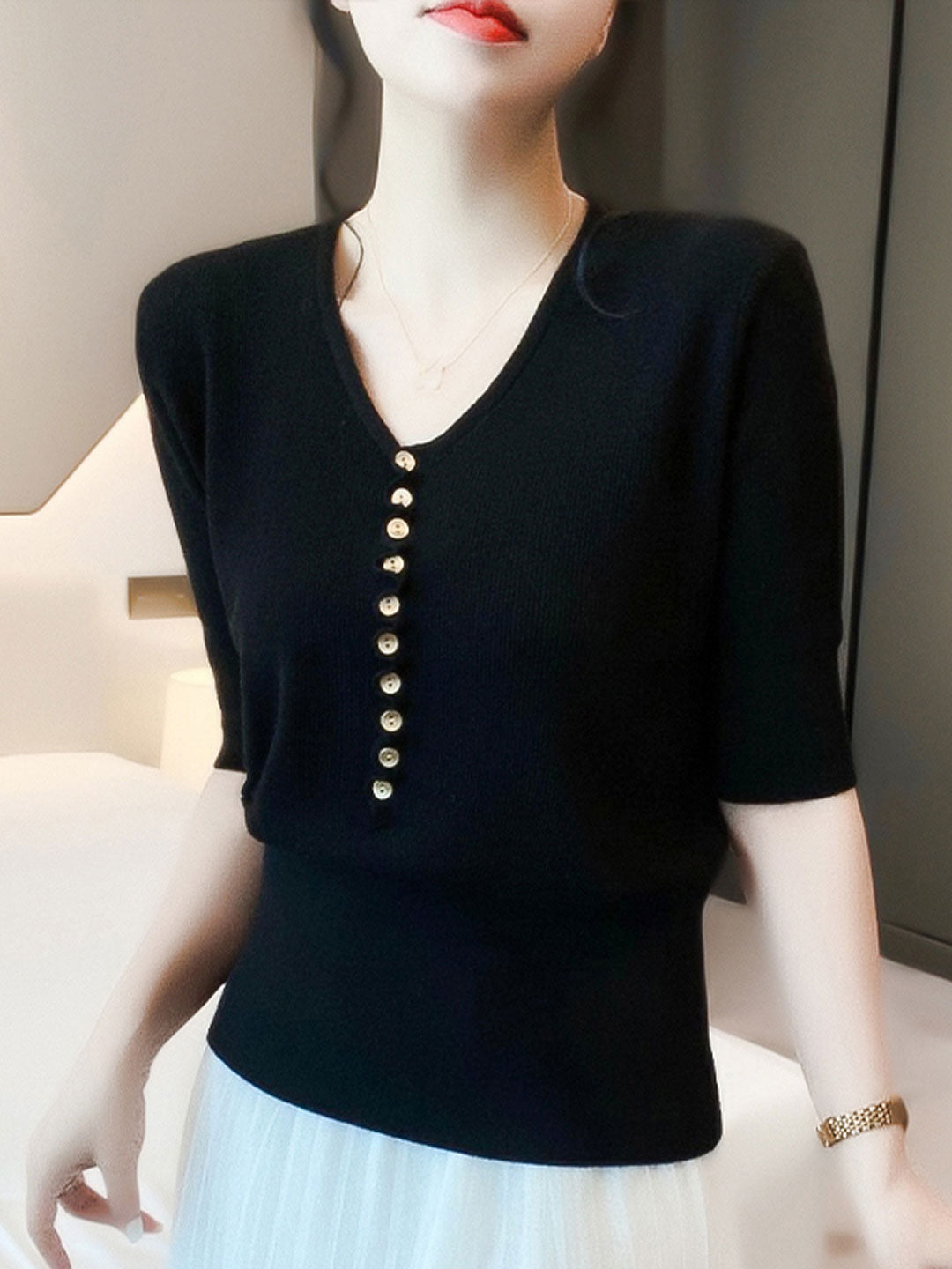 Kayla Loose V-Neck Button Knitted Top-Black