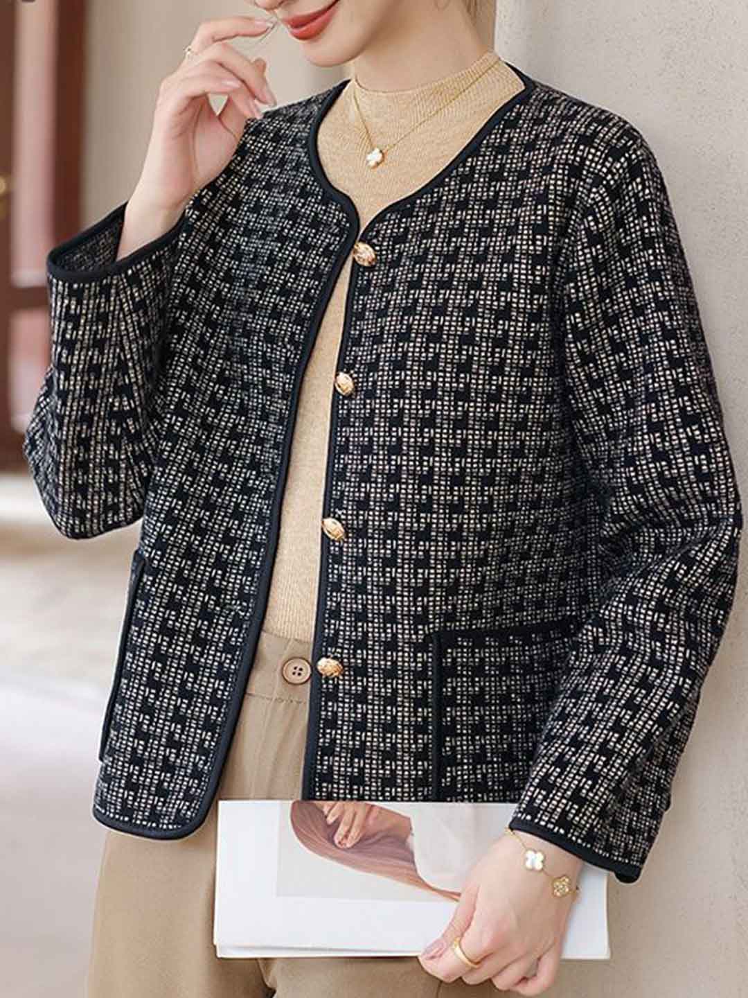 Hannah Elegant Crew Neck Tweed Coat