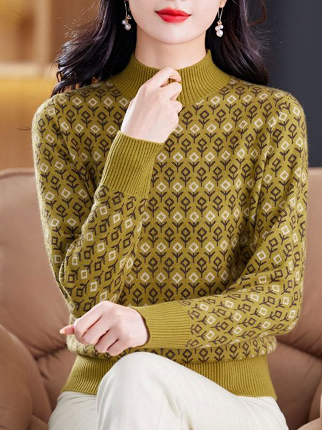 Brianna Classic Jacquard Turtleneck Knitted Sweater