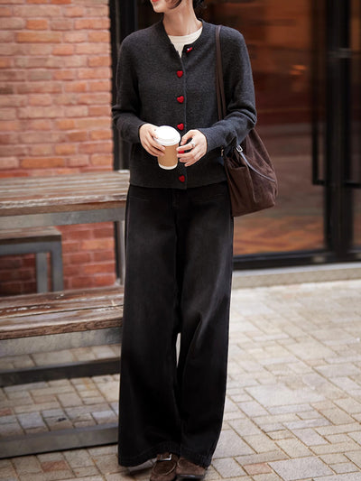 Raya Elegant Crew Neck Heart Button Knitted Cardigan-Pink