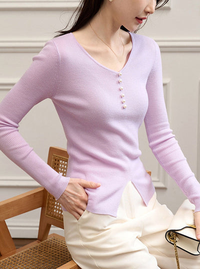 Emma Elegant V-Neck Solid Color Slim Knitted Top