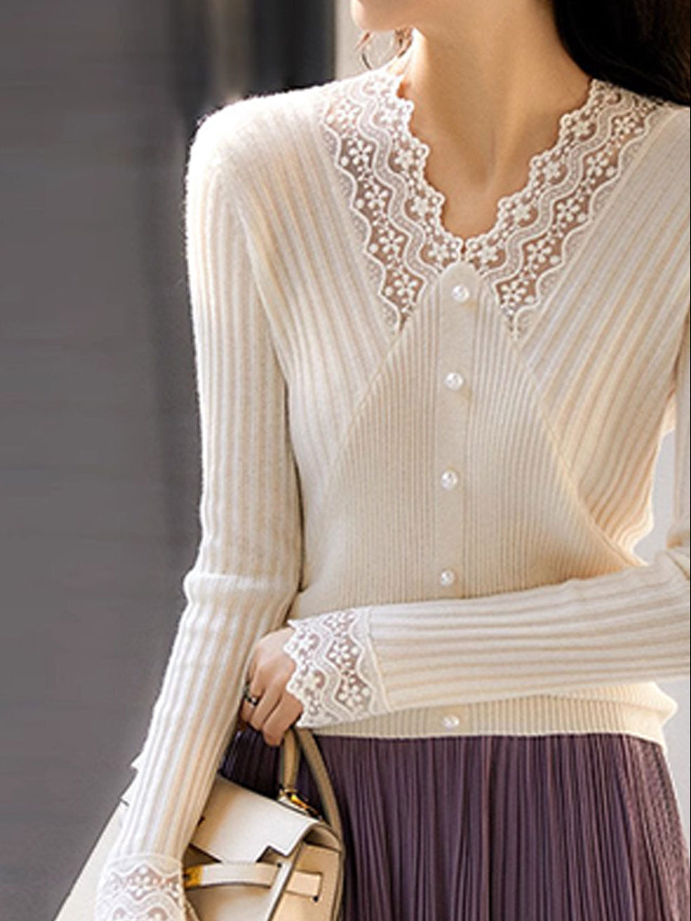 Victoria Elegant V-neck Hollowed Lace Knitted Top