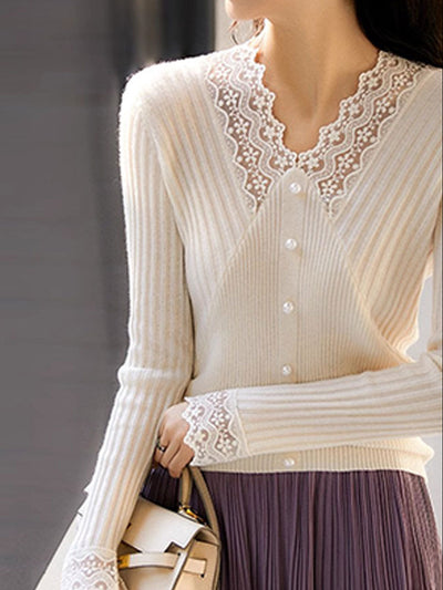 Victoria Elegant V-neck Hollowed Lace Knitted Top