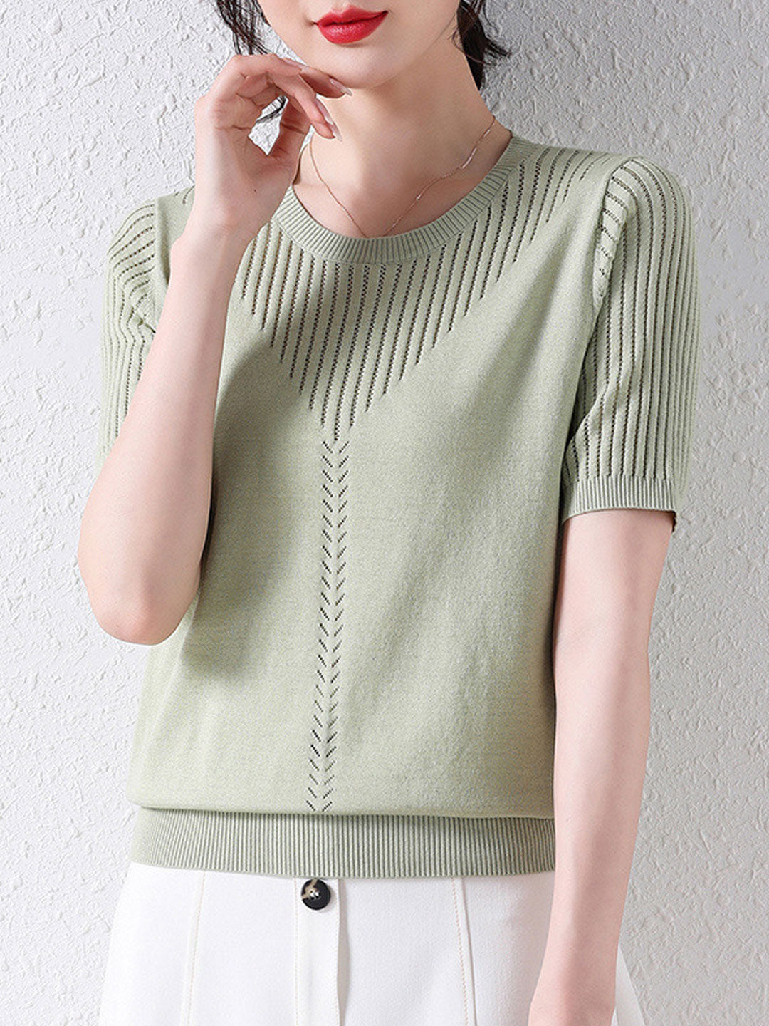 Sophie Loose Crew Neck Hollow Knitted Top-Blue
