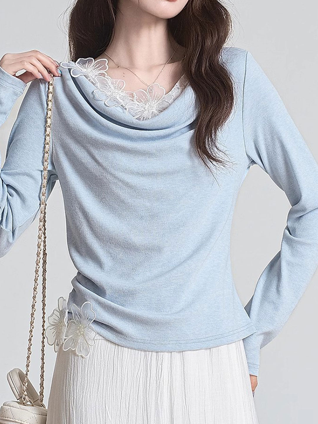 Julia Slim Swing Collar Dimensional Flower Patchwork Top