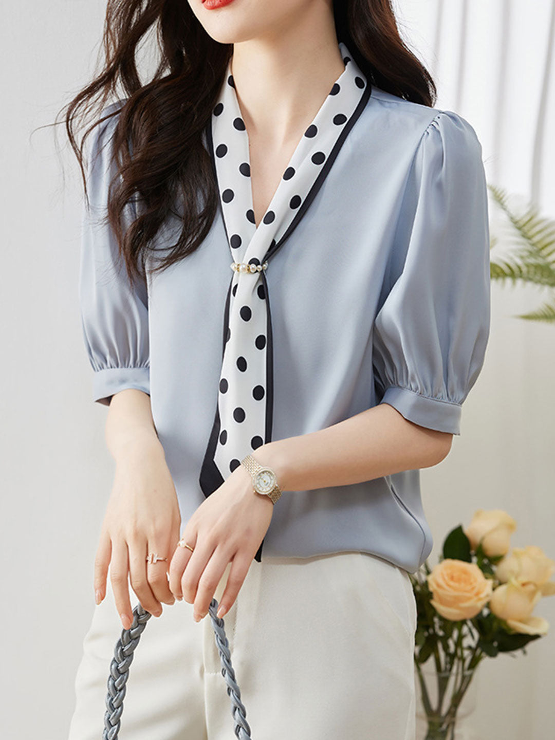 Kaitlyn Classic Printed Bow Satin Shirt-Blue