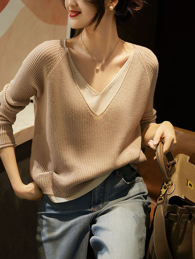 Lauren V-Neck Layered Contrasting Knitted Sweater