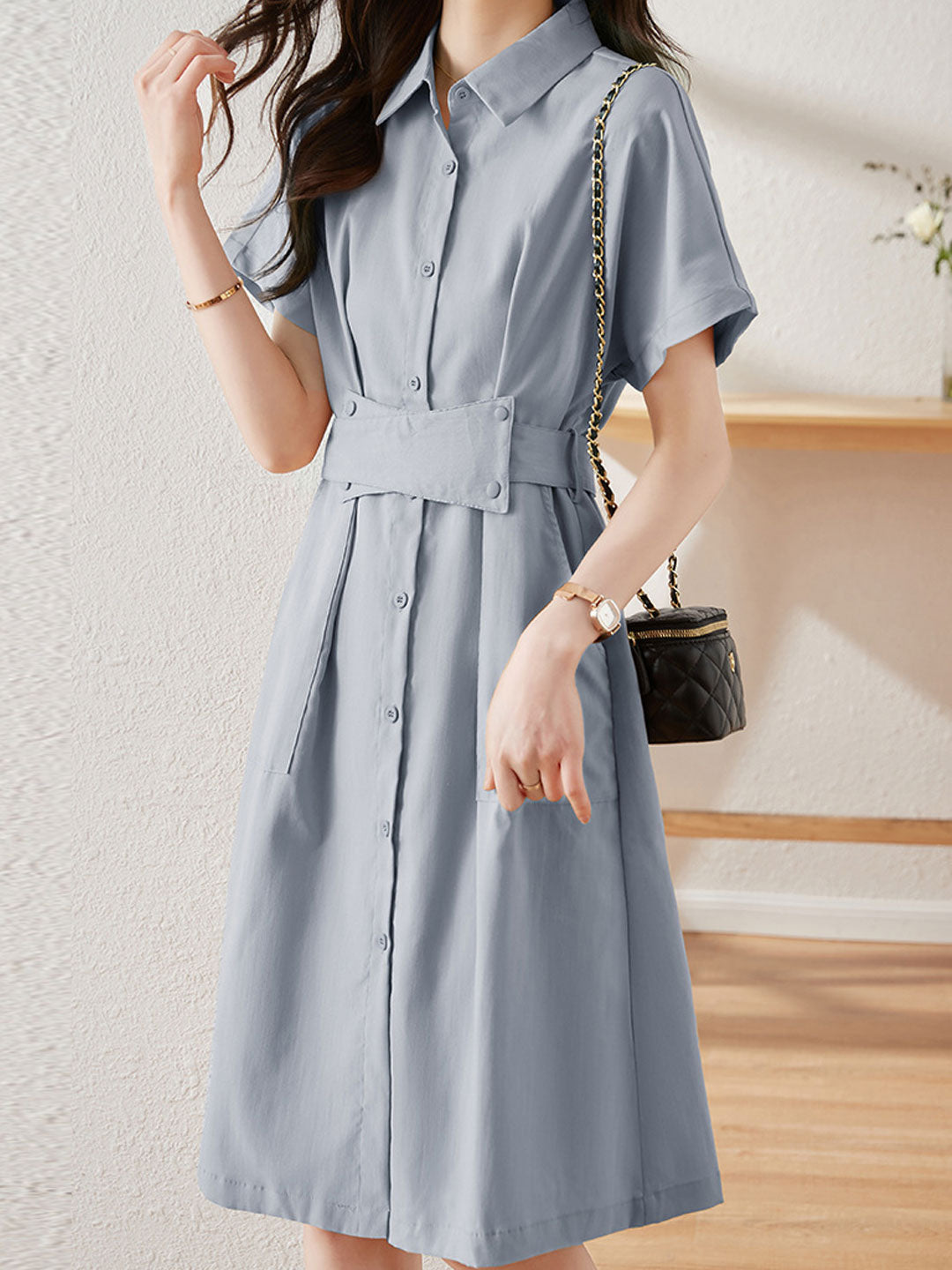 Andrea Retro Waisted Paneled Shirt Dress