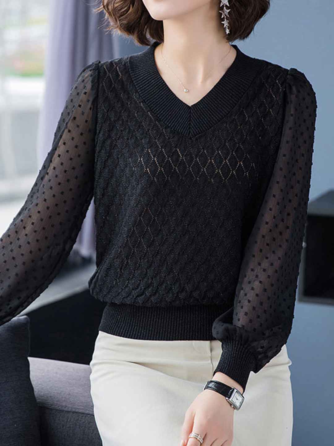 Taylor Classic V-Neck Sheer Sleeve Solid Color Top