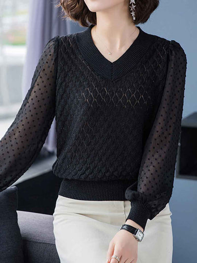 Taylor Classic V-Neck Sheer Sleeve Solid Color Top